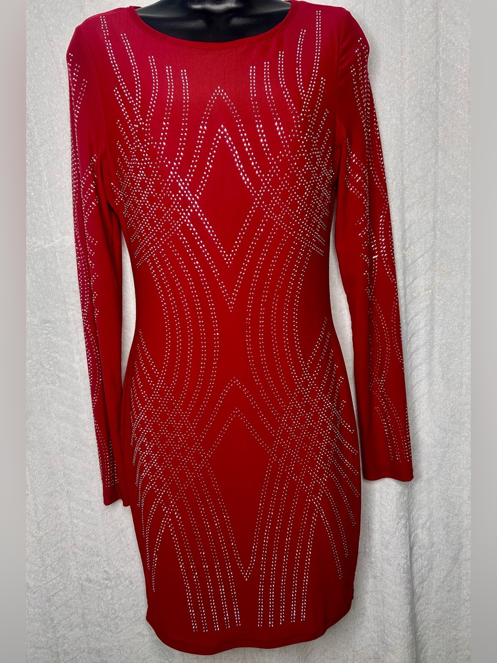 Red Long-Sleeve Studded Bodycon Dress